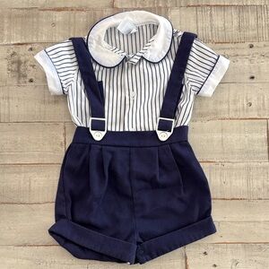 Toddle Tyke Vintage Navy and White Striped Baby Outfit with Suspenders